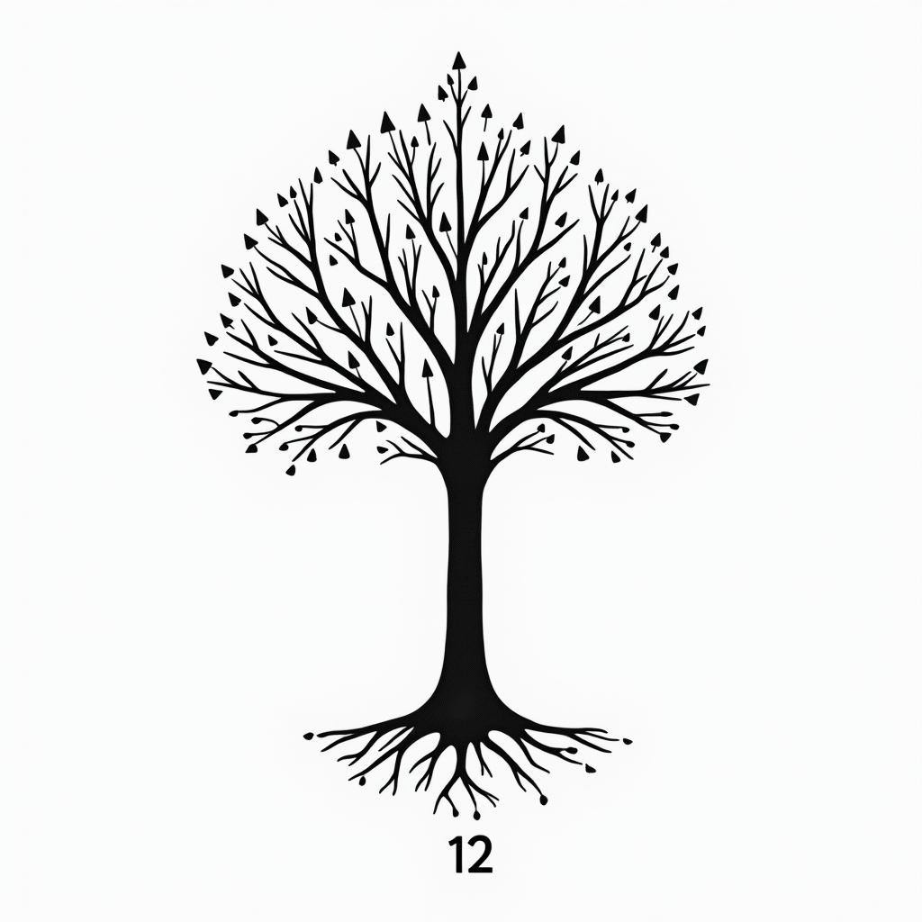 Tree with roman numerals 12in minimalist style tattoo, featuring simple shapes and fine lines, with minimal shading and details, tiny triangles, creating a sense of balance and harmony - Variation 4