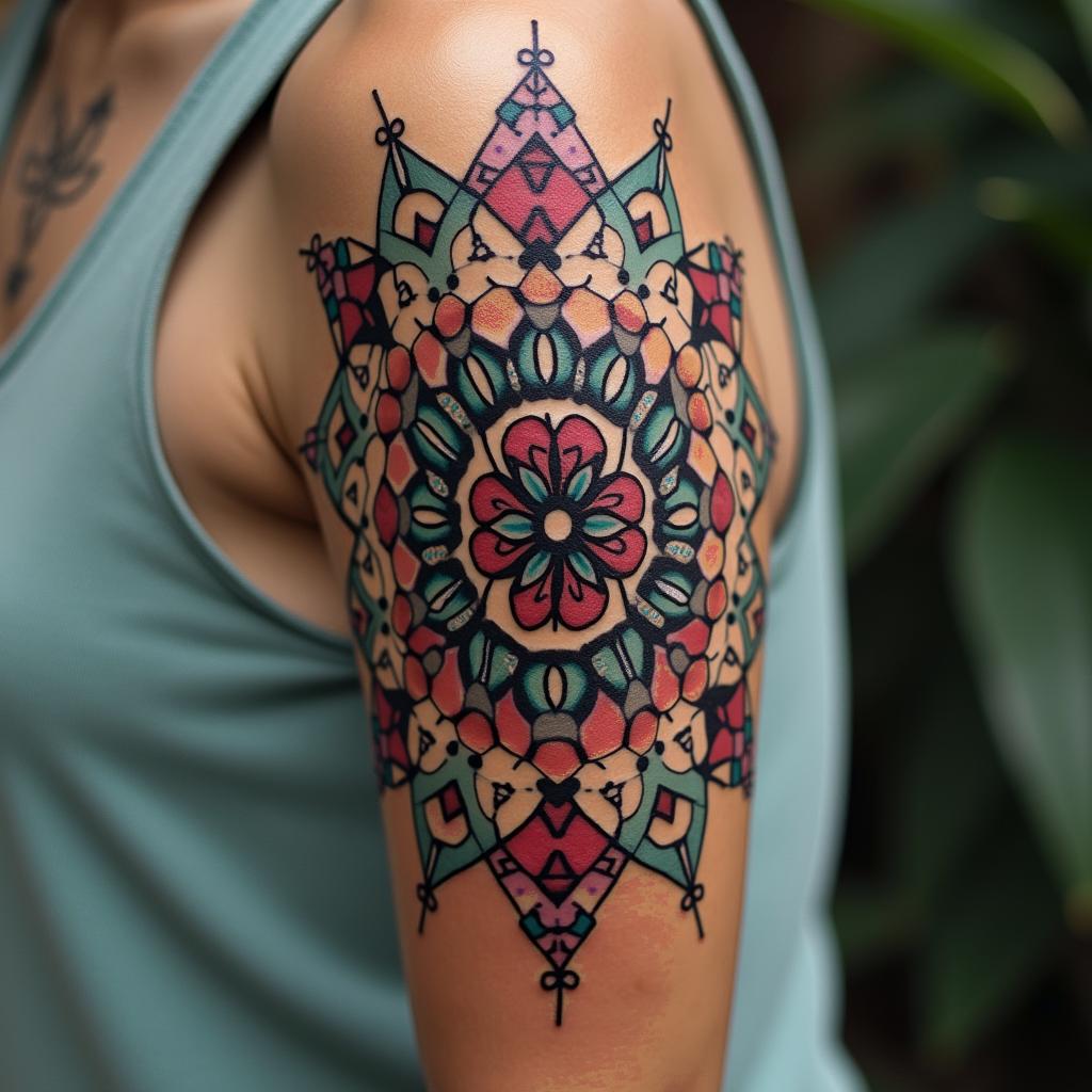 helping hands physiotherapy in geometric style tattoo, blending hexagons, mandala-inspired patterns, symmetrical and fractal design, clean lines, sharp angles