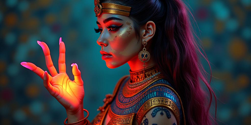Futuristic cyberpunk girl with neon accentsin egyptian style tattoo, bold elements of ancient egyptian culture including a portrait of an Egyptian pharaoh with detailed facial features, in hieroglyphs and symbolic imagery, eye of horus, ankh symbol, scarab beetle - Variation 8