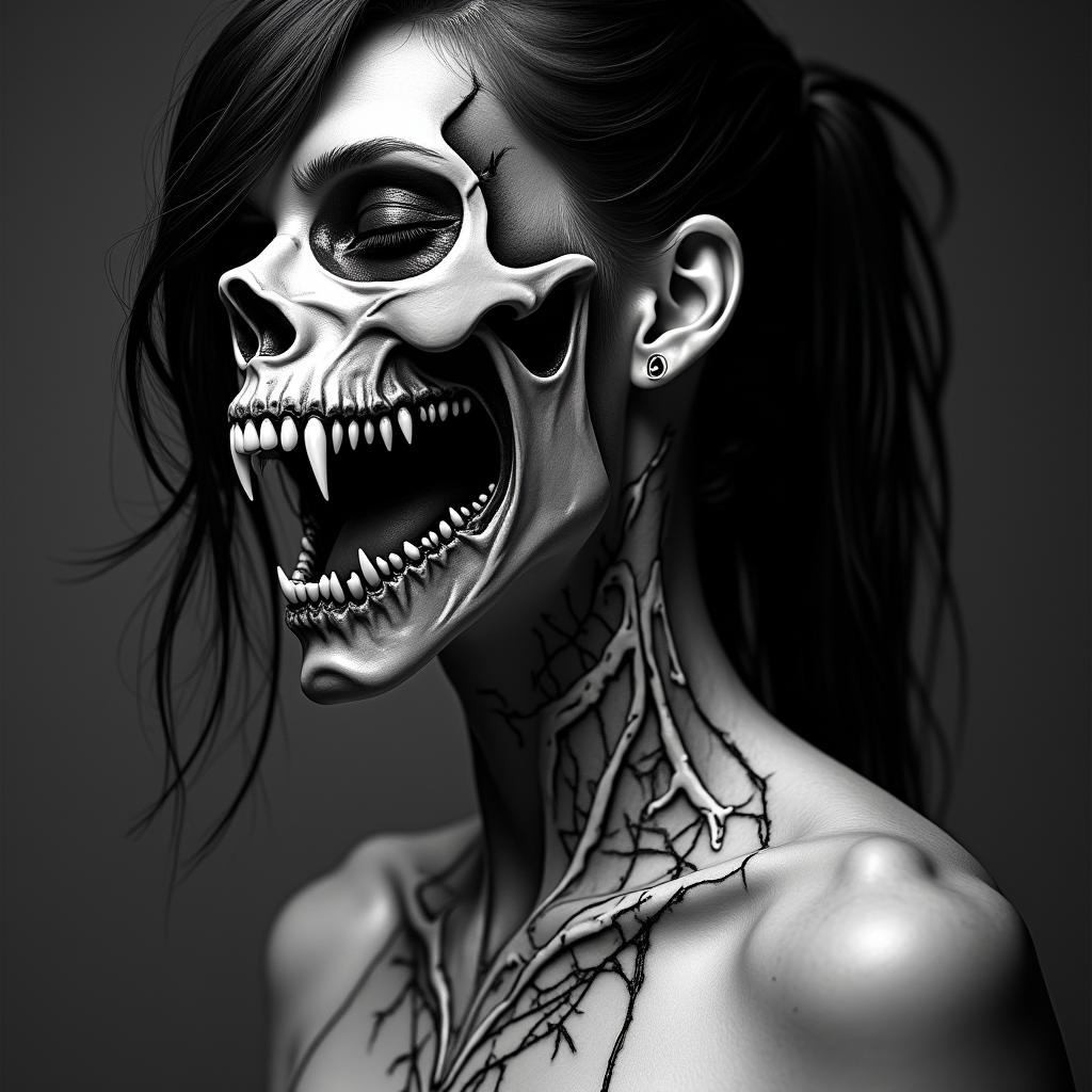 Futuristic cyberpunk girl with neon accentscreepy horror tattoo style, featuring an eerie and unsettling skull of a demonic creature, distorted face with sharp fangs, add pentagram symbol - Variation 8