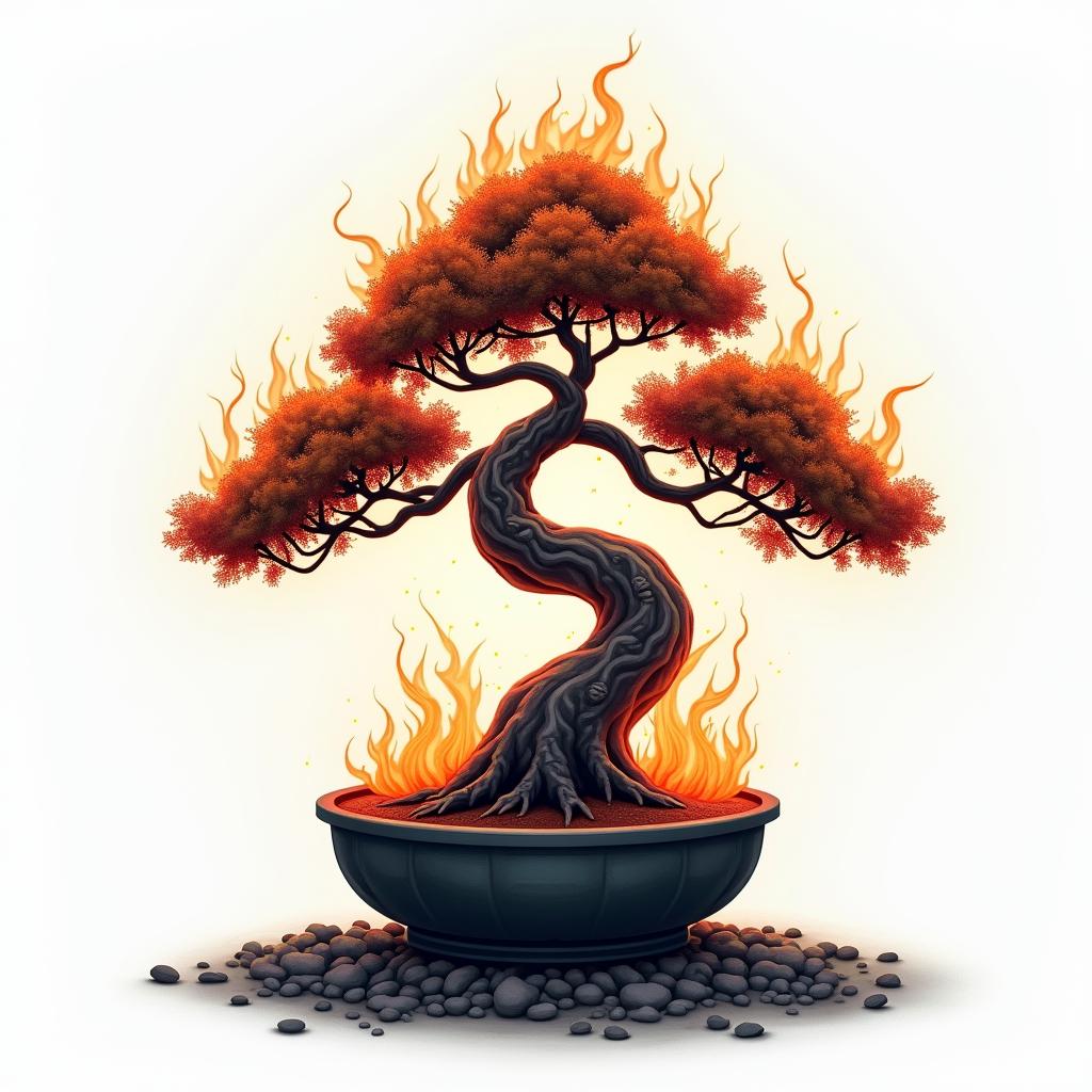 Bonsai treein flame tattoo style showcasing fiery elements with dynamic flame patterns, glowing effect of flames, natural colors - Variation 4