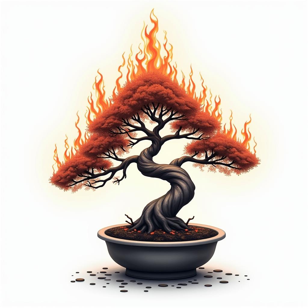 Bonsai treein flame tattoo style showcasing fiery elements with dynamic flame patterns, glowing effect of flames, natural colors - Variation 2