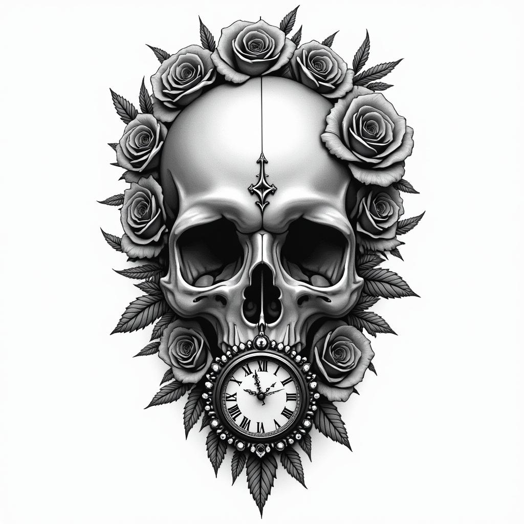 Skull with roses and clock elementstext-based tattoo, gothic font ultra-realistic, perfectly placed, high-quality font design, photo-realistic shading, 8k, high quality, finely detailed typography - Variation 4
