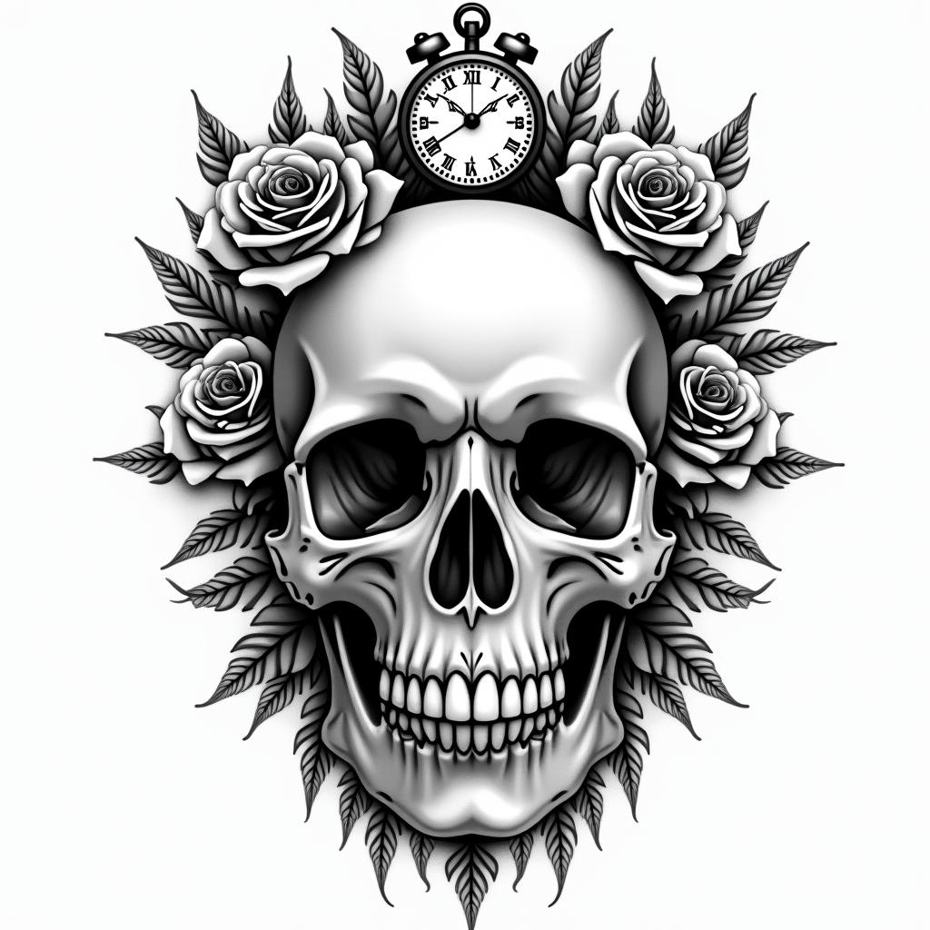 Skull with roses and clock elementstext-based tattoo, gothic font ultra-realistic, perfectly placed, high-quality font design, photo-realistic shading, 8k, high quality, finely detailed typography