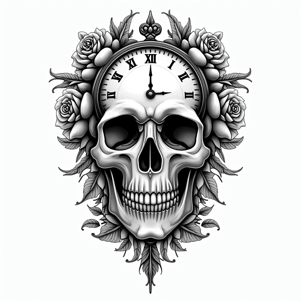 Skull with roses and clock elementstext-based tattoo, gothic font ultra-realistic, perfectly placed, high-quality font design, photo-realistic shading, 8k, high quality, finely detailed typography - Variation 2