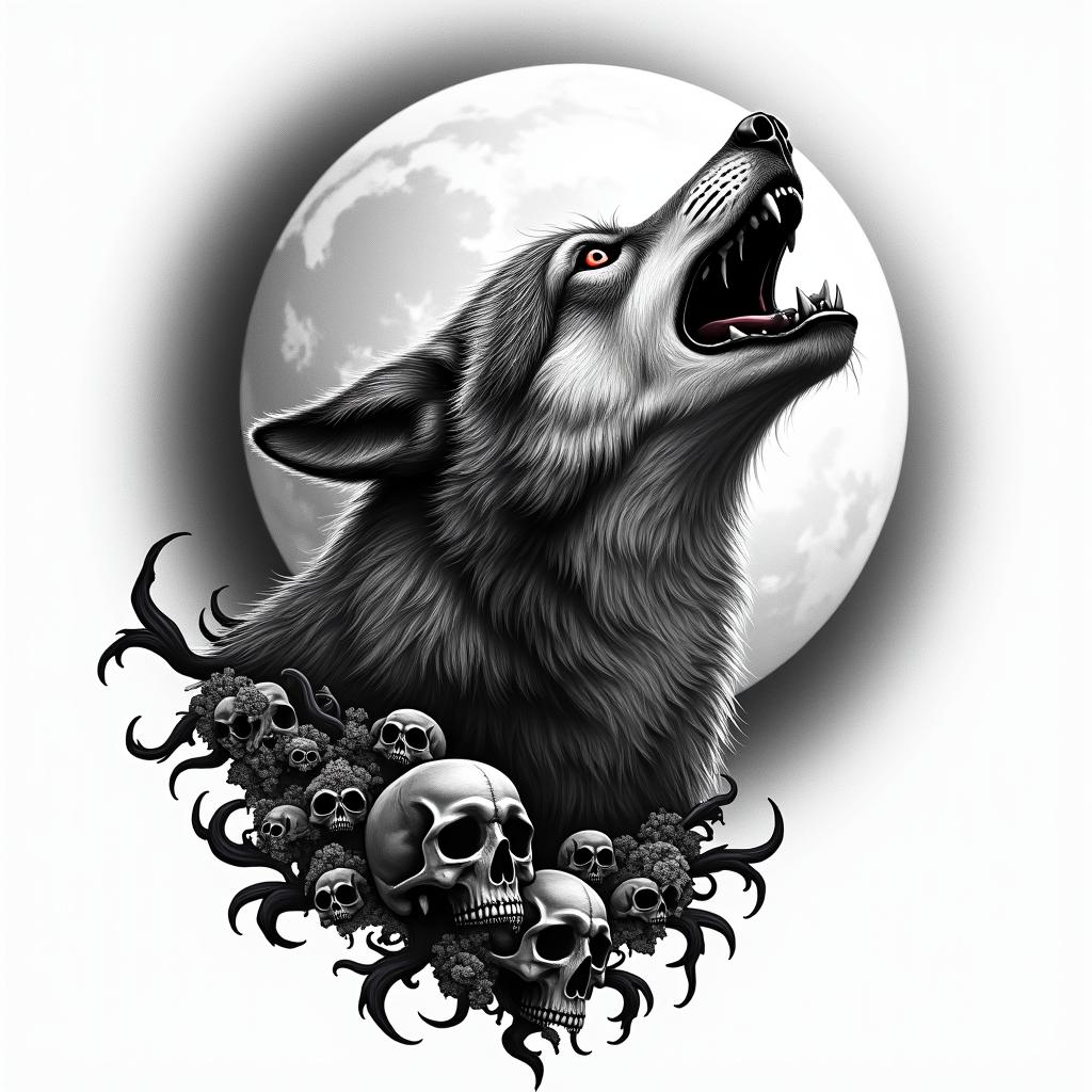 Howling wolf under a full moon in horror tattoo style, showcasing haunting and unsettling, dark and gritty textures with skulls, eerie faces, jgged designs, bold and intense shading
