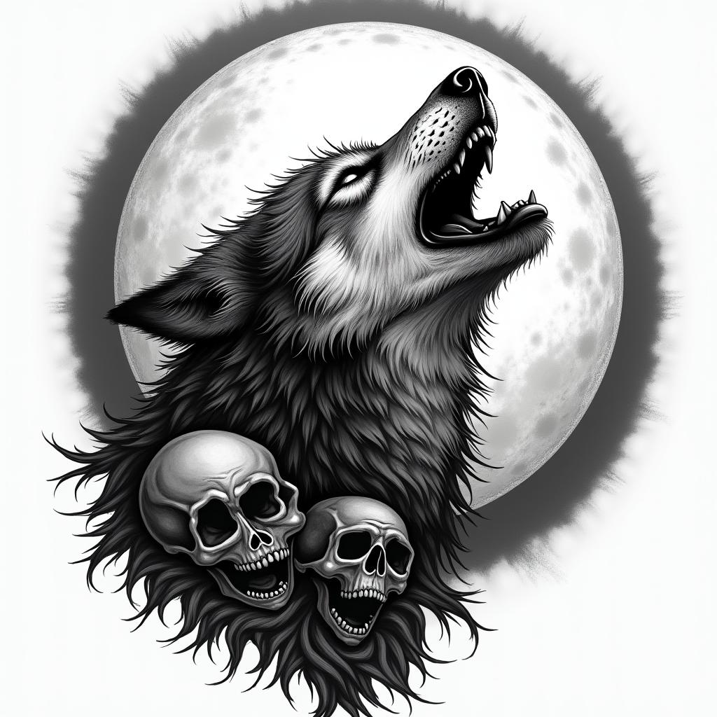 Howling wolf under a full moon in horror tattoo style, showcasing haunting and unsettling, dark and gritty textures with skulls, eerie faces, jgged designs, bold and intense shading - Variation 2