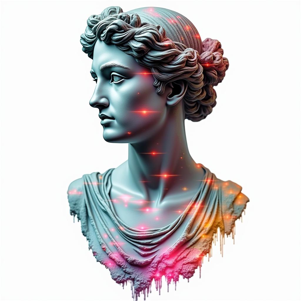 Aquarius lacein distorted and fragmented tattoo design, featuring a classical statue bust, in a glitch art style with vibrant, overlapping colors of cyan, magenta, and yellow, creating a digital distortion effect