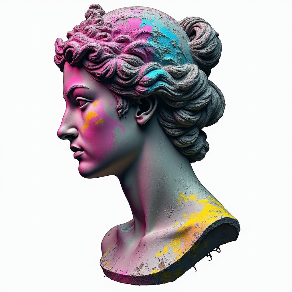 Aquarius lacein distorted and fragmented tattoo design, featuring a classical statue bust, in a glitch art style with vibrant, overlapping colors of cyan, magenta, and yellow, creating a digital distortion effect - Variation 4