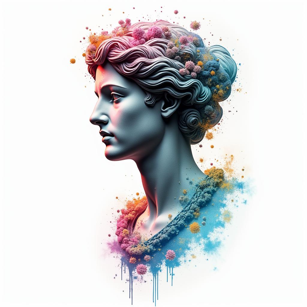 Aquarius lacein distorted and fragmented tattoo design, featuring a classical statue bust, in a glitch art style with vibrant, overlapping colors of cyan, magenta, and yellow, creating a digital distortion effect - Variation 2