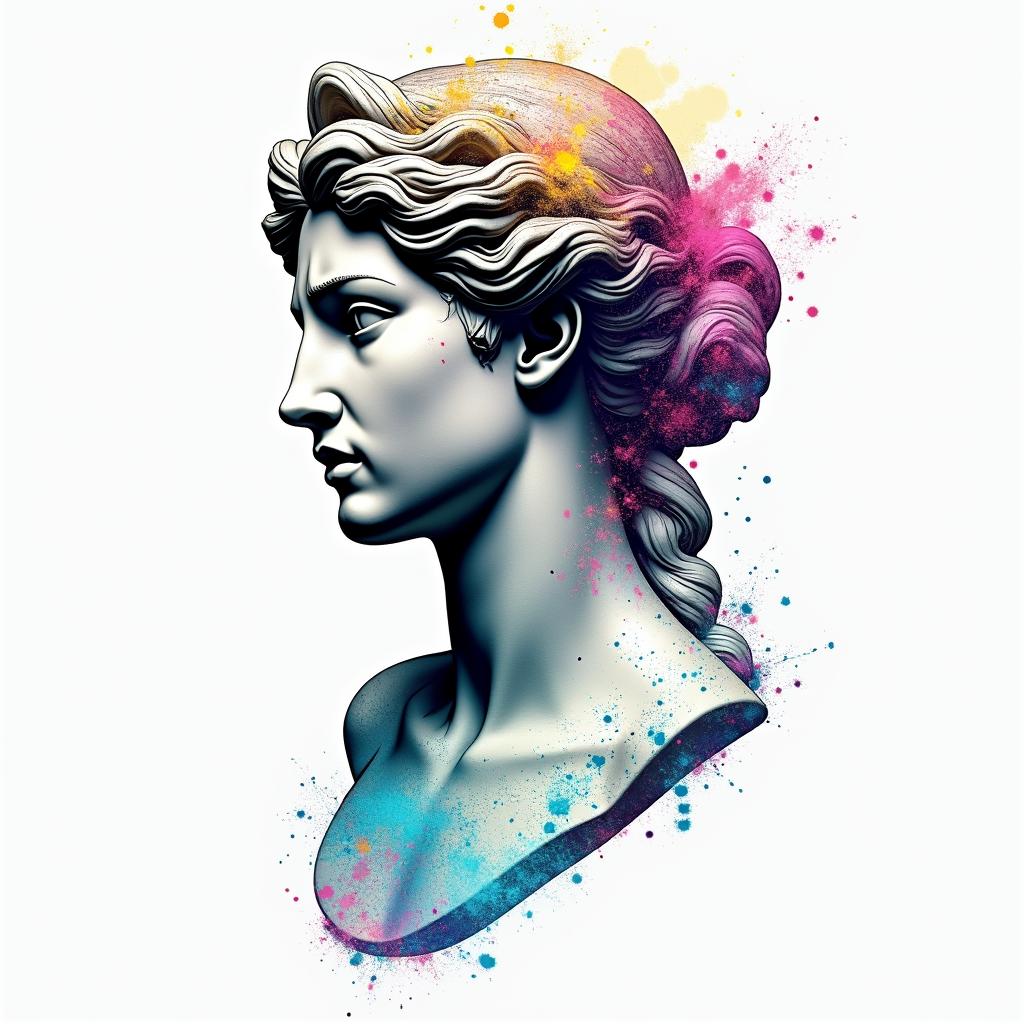 Aquarius lacein distorted and fragmented tattoo design, featuring a classical statue bust, in a glitch art style with vibrant, overlapping colors of cyan, magenta, and yellow, creating a digital distortion effect - Variation 3
