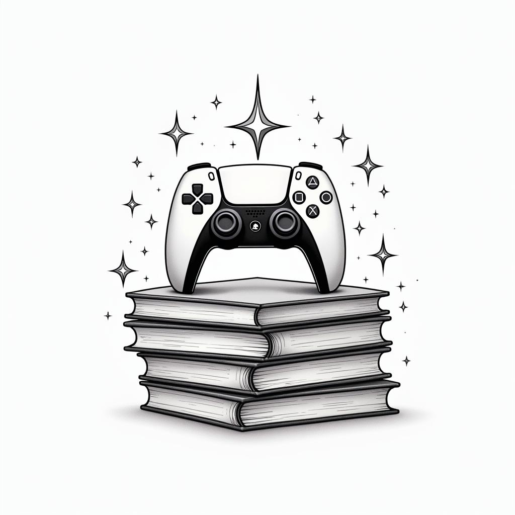 PS5 controller laying on top of a pile of books surrounded by magicin minimalist style tattoo, featuring simple shapes and fine lines, with minimal shading and details, tiny triangles, creating a sense of balance and harmony - Variation 3