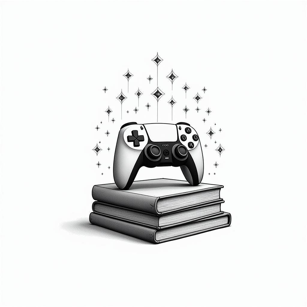 PS5 controller laying on top of a pile of books surrounded by magicin minimalist style tattoo, featuring simple shapes and fine lines, with minimal shading and details, tiny triangles, creating a sense of balance and harmony - Variation 2