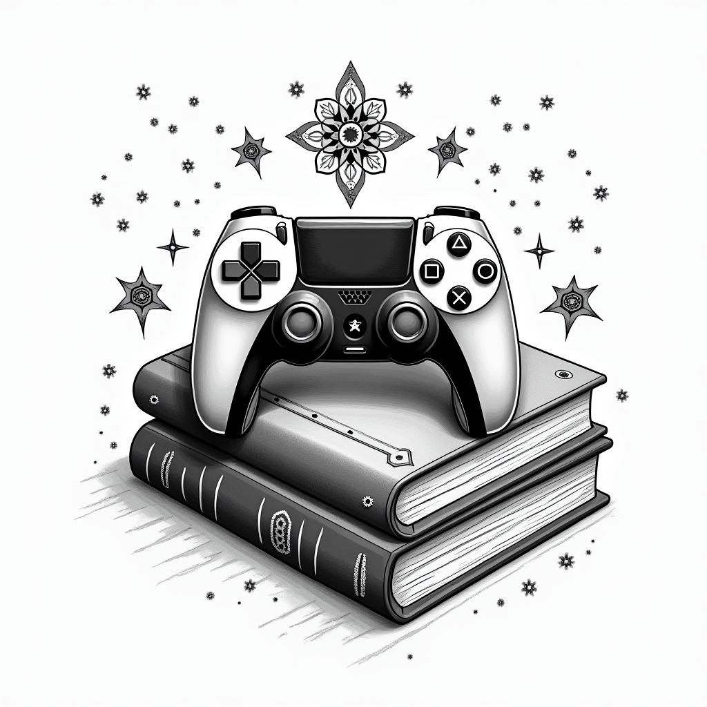 PS5 controller laying on top of a pile of books surrounded by magic in geometric style tattoo, blending hexagons, mandala-inspired patterns, symmetrical and fractal design, clean lines, sharp angles - Variation 2
