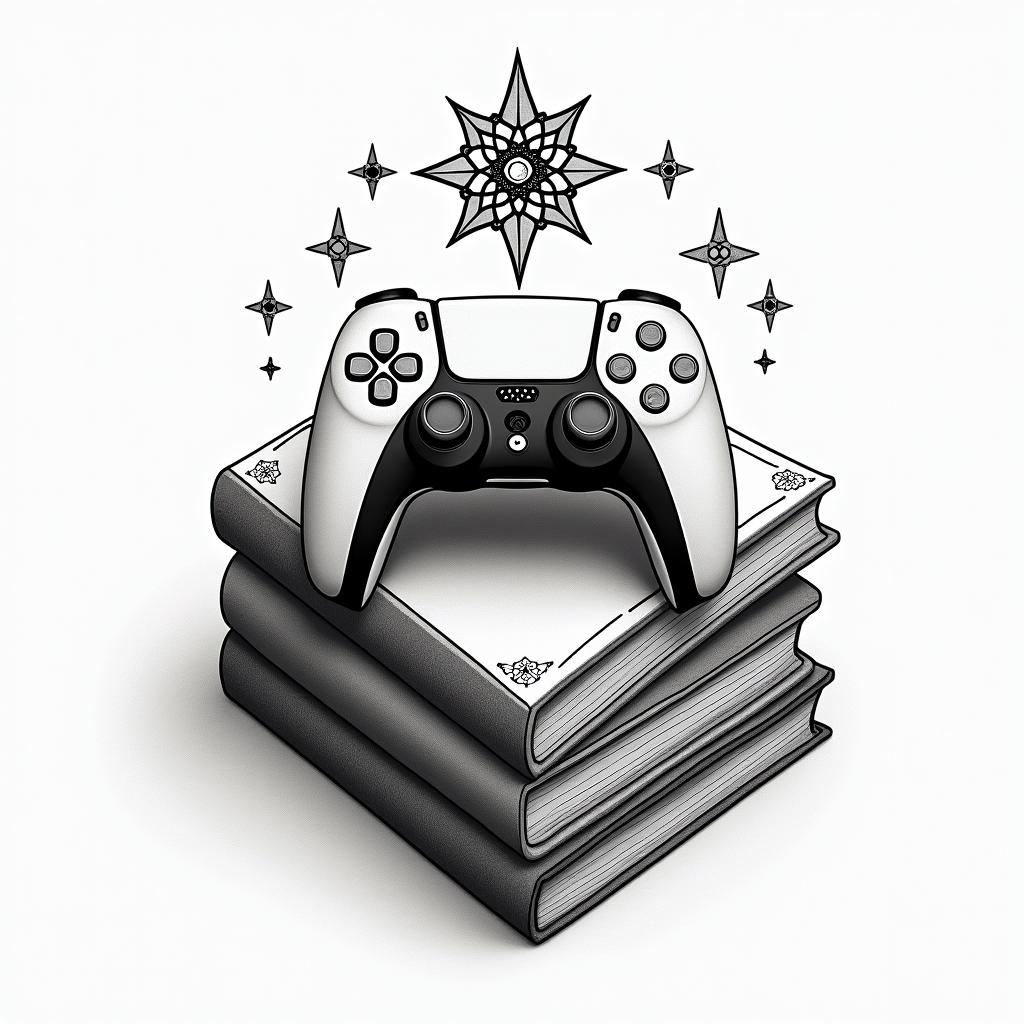 PS5 controller laying on top of a pile of books surrounded by magic in geometric style tattoo, blending hexagons, mandala-inspired patterns, symmetrical and fractal design, clean lines, sharp angles