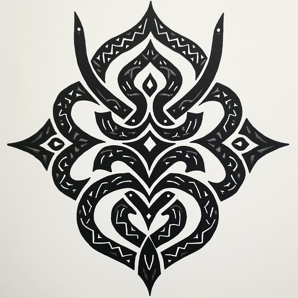 A tribal tattoo with a spiritual theme that represents my personality.in tribal tattoo style, featuring bold and black geometric shapes, curved lines, intertwine and flow seamlessly, creating a powerful and symbolic design, polynesian and maori styles