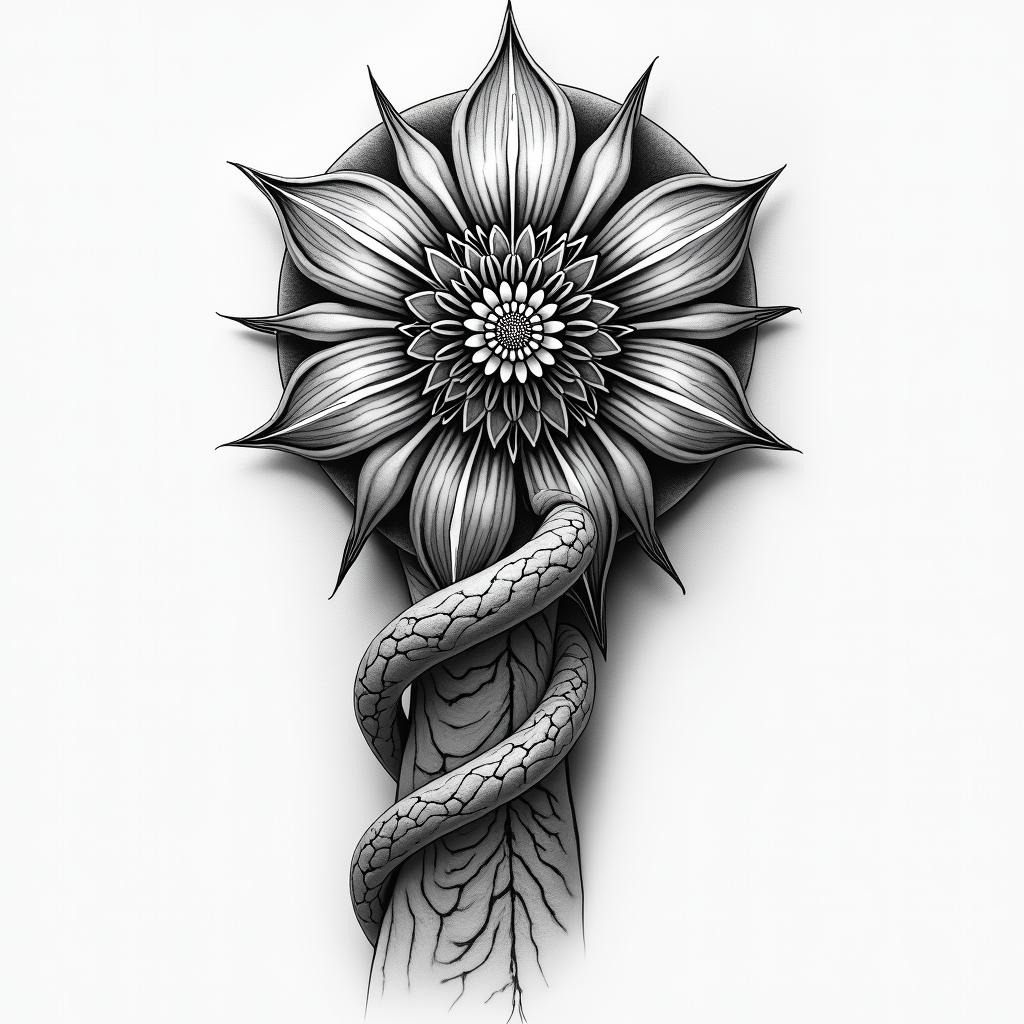 Metatrons cube, flower of life, and Mandela flower, twisting downward right armhigly detailed tattoo - Variation 6