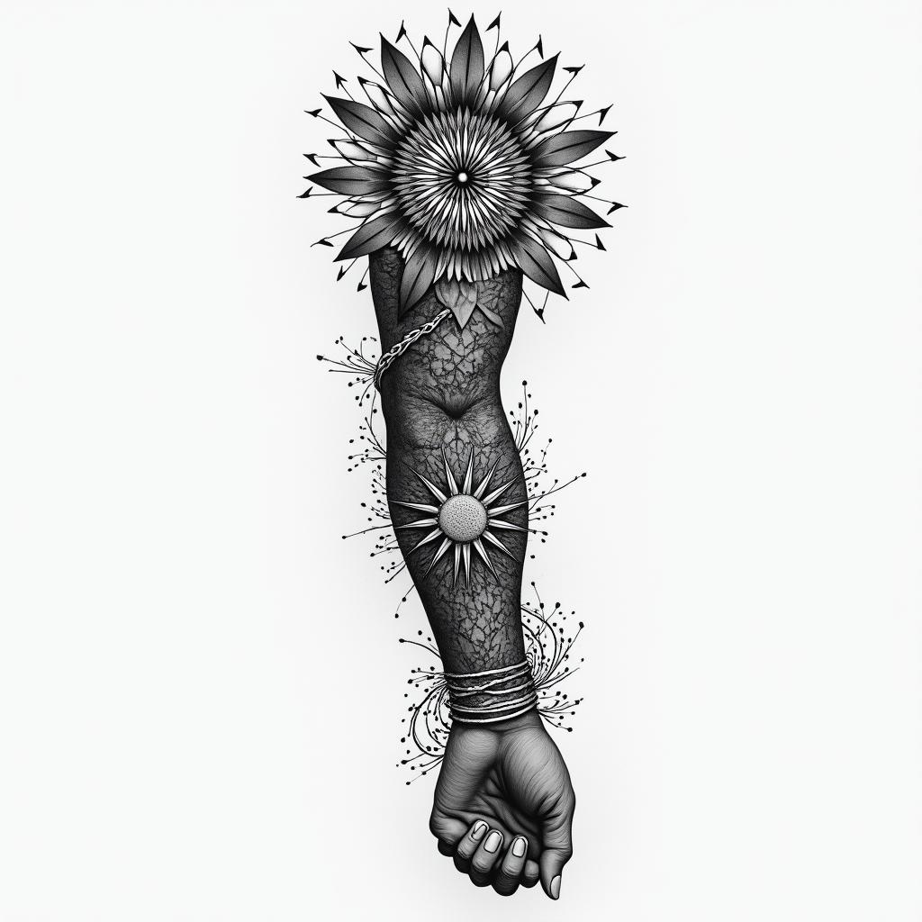 Metatrons cube, flower of life, and Mandela flower, twisting downward right armhigly detailed tattoo - Variation 2