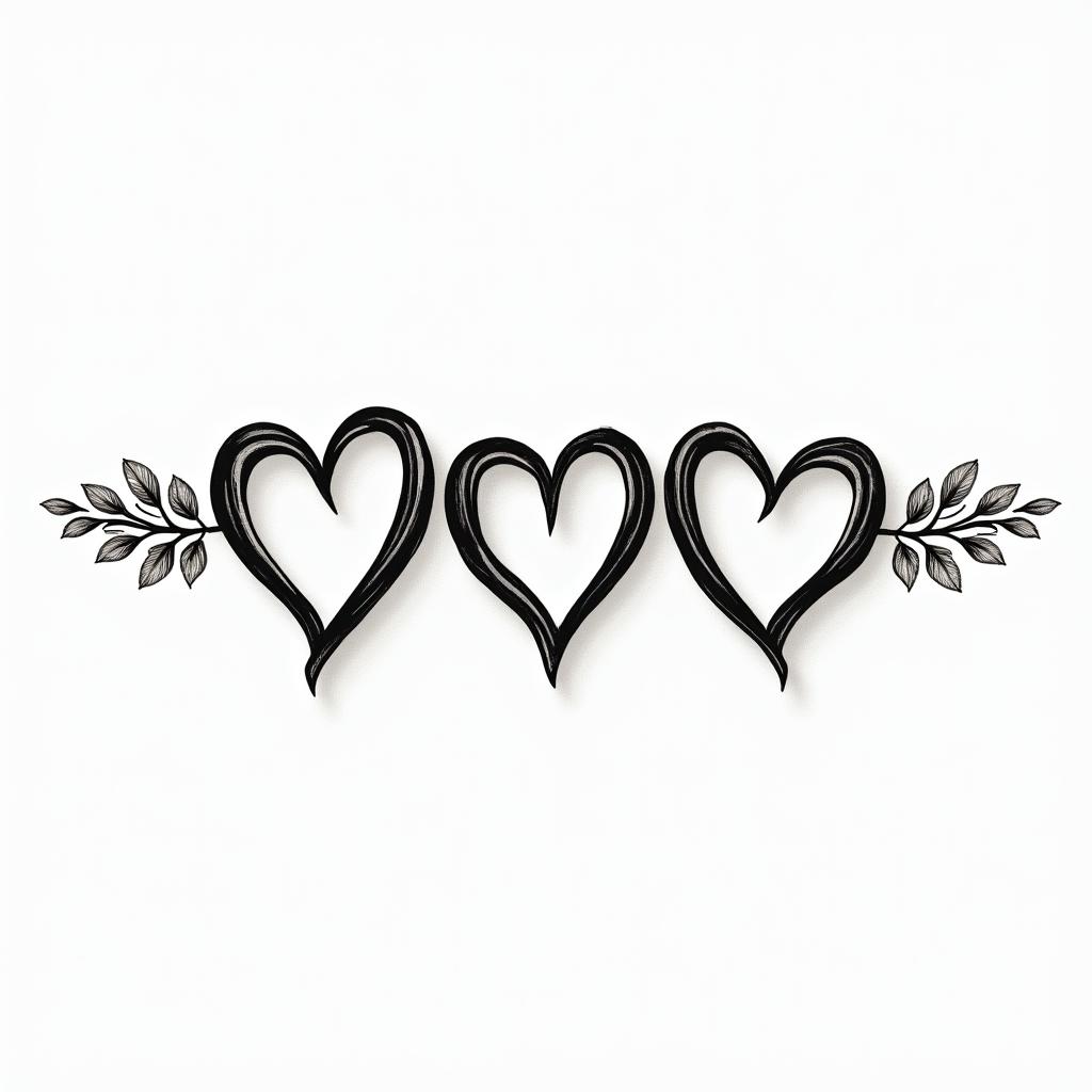Three hearts drawn horizontally with the possibility of writing letters inside them.in elegant cursive calligraphy style 2d tattoo, decorate with roses, featuring a smooth and flowing handwritten script with slightly thickened strokes for a luxurious and bold appearance,  heart symbol between names,  sleek and glossy black text with shadowing, minimalist matte white background, clean and sharp edges, illuminated with soft lighting, romantic, 8k, high-quality textures with refined typography - Variation 2