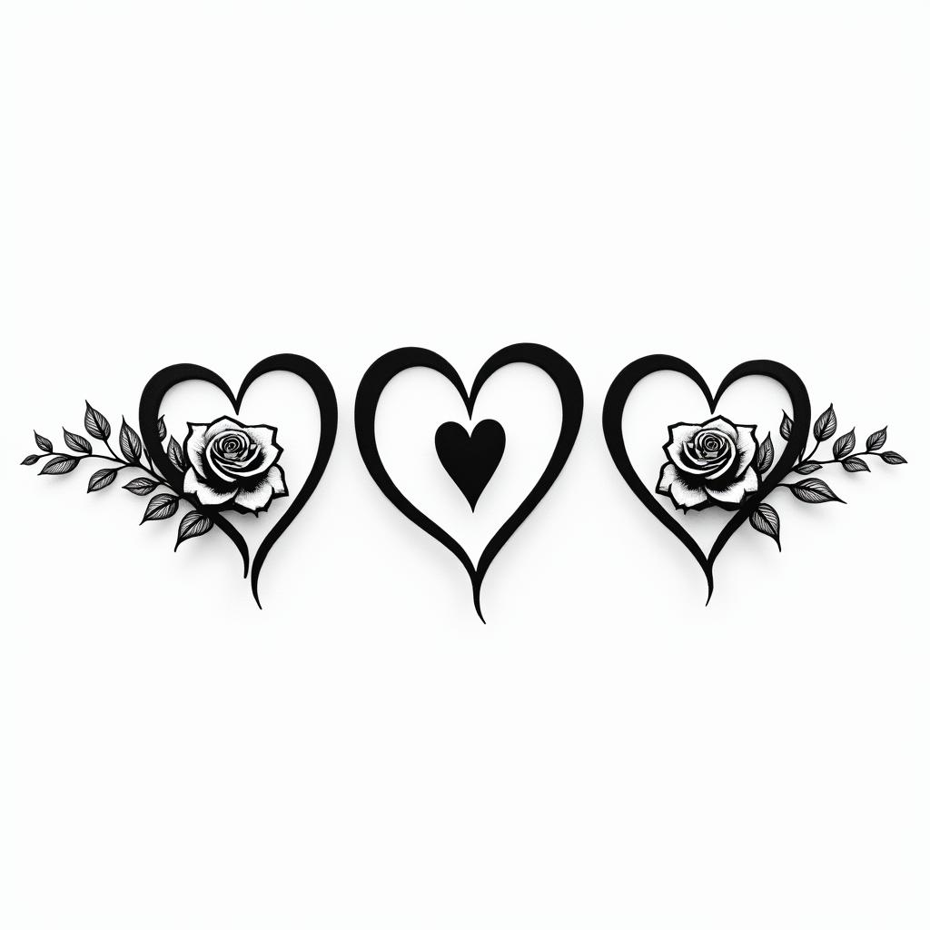Three hearts drawn horizontally with the possibility of writing letters inside them.in elegant cursive calligraphy style 2d tattoo, decorate with roses, featuring a smooth and flowing handwritten script with slightly thickened strokes for a luxurious and bold appearance,  heart symbol between names,  sleek and glossy black text with shadowing, minimalist matte white background, clean and sharp edges, illuminated with soft lighting, romantic, 8k, high-quality textures with refined typography