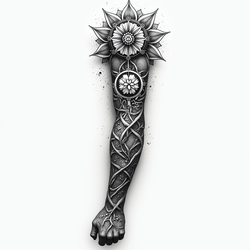 Metatrons cube, flower of life, and Mandela flower, twisting downward right armhigly detailed tattoo