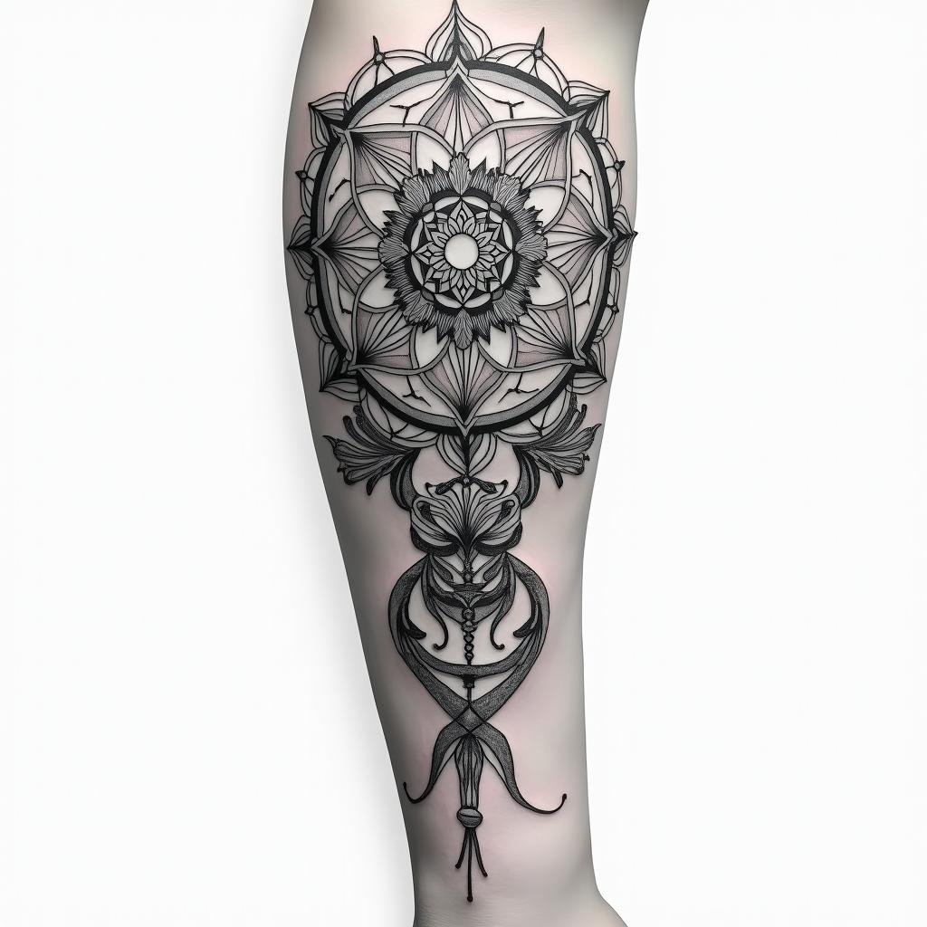 Metatrons cube, flower of life, and Mandela flower, twisting downward right armhigly detailed tattoo - Variation 5