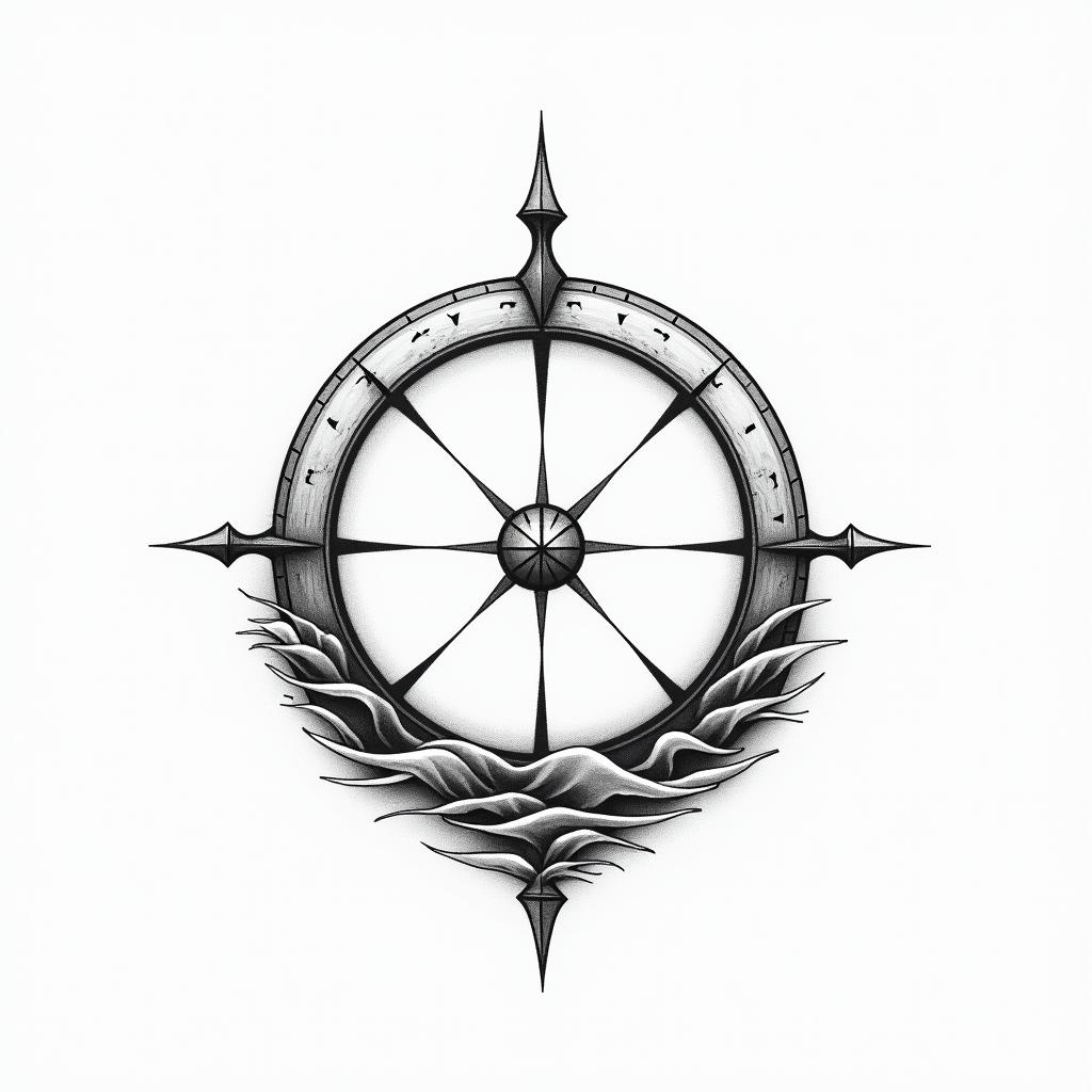 Compass surrounded by ocean wavesin minimalist style tattoo, featuring simple shapes and fine lines, with minimal shading and details, tiny triangles, creating a sense of balance and harmony