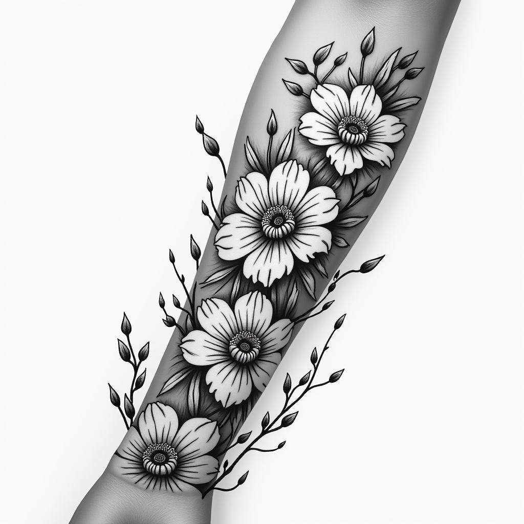 Flower peddles on fire scattered across my armin japanese style tattoo, detailed tattoo, traditional japanese culture tattoo, mythology, 8k - Variation 4