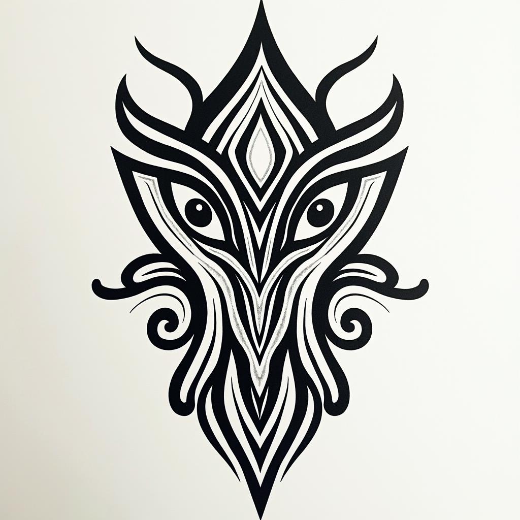 A tribal-style tattoo with a spiritual theme that represents my personality.in tribal tattoo style, featuring bold and black geometric shapes, curved lines, intertwine and flow seamlessly, creating a powerful and symbolic design, polynesian and maori styles