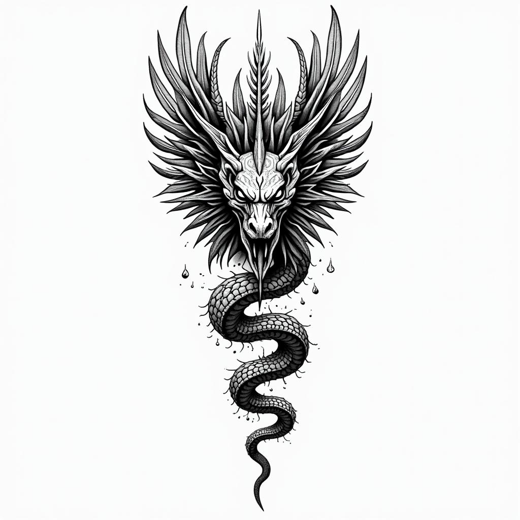 Aztec god serpentin new school tattoo, pop culture, modern, detailed tattoo, illustrative - Variation 2