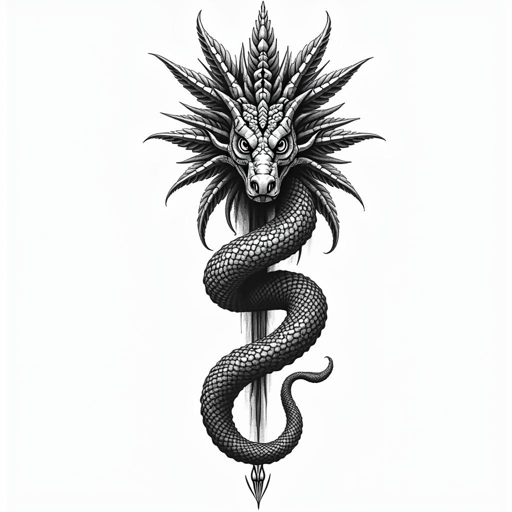 Aztec god serpentin new school tattoo, pop culture, modern, detailed tattoo, illustrative