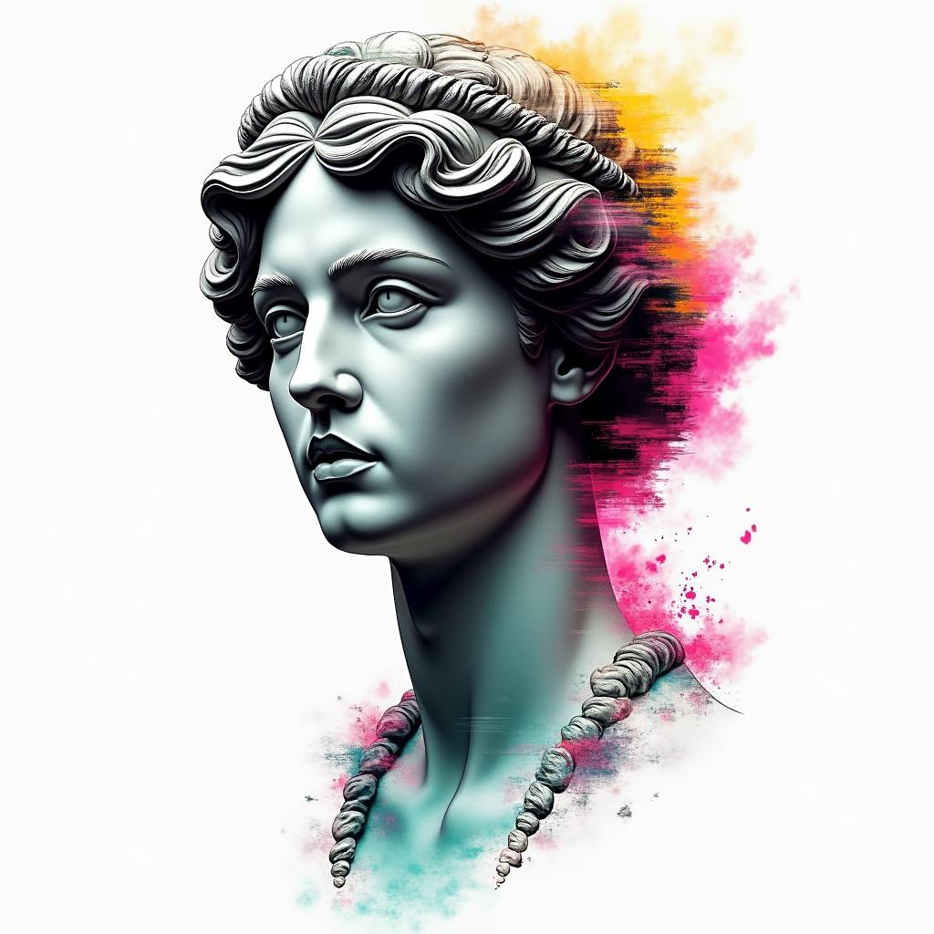 Gypsyin distorted and fragmented tattoo design, featuring a classical statue bust, in a glitch art style with vibrant, overlapping colors of cyan, magenta, and yellow, creating a digital distortion effect - Variation 5
