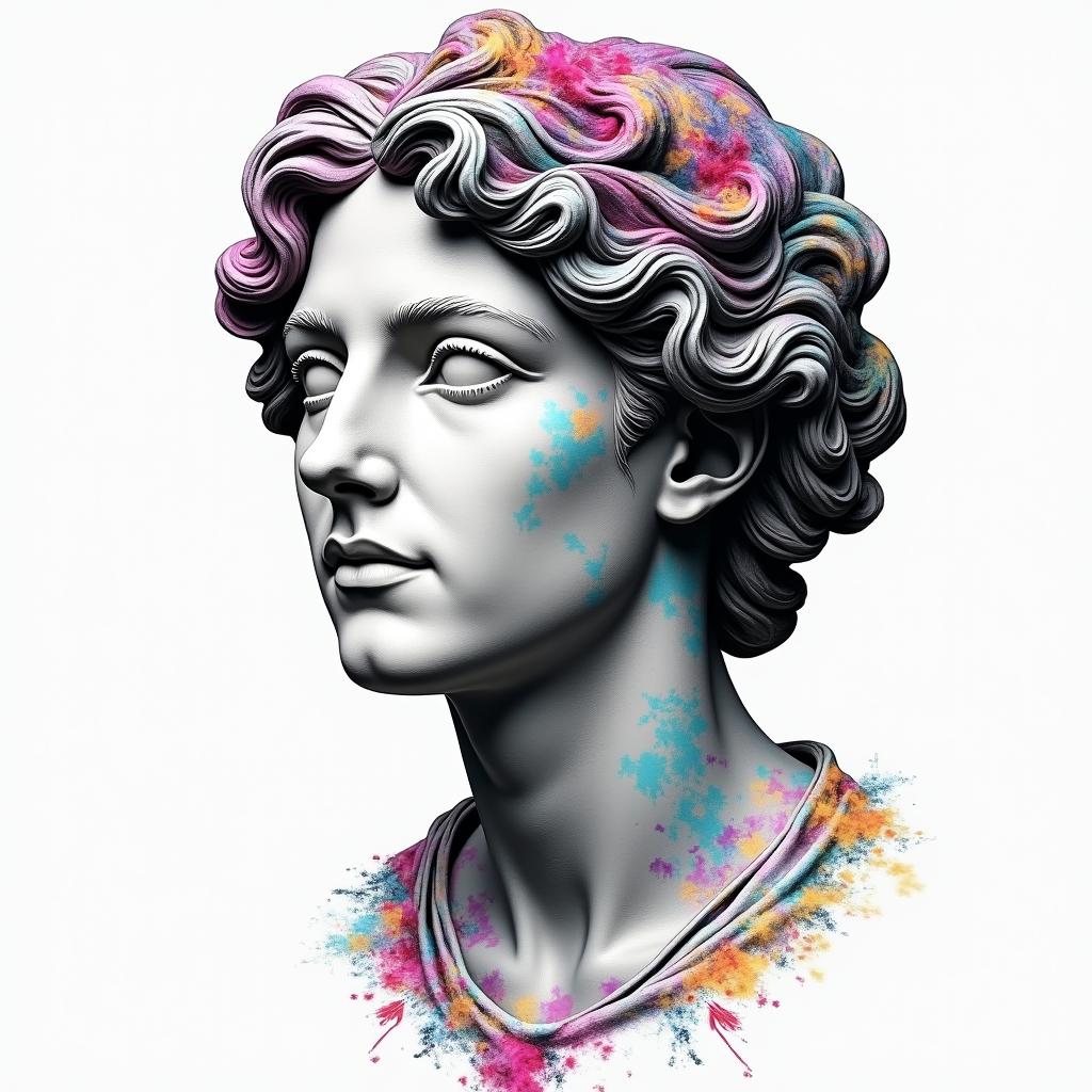 Gypsyin distorted and fragmented tattoo design, featuring a classical statue bust, in a glitch art style with vibrant, overlapping colors of cyan, magenta, and yellow, creating a digital distortion effect - Variation 6