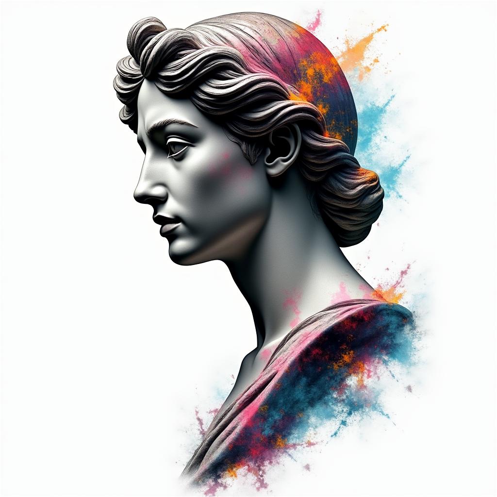 Gypsyin distorted and fragmented tattoo design, featuring a classical statue bust, in a glitch art style with vibrant, overlapping colors of cyan, magenta, and yellow, creating a digital distortion effect - Variation 8