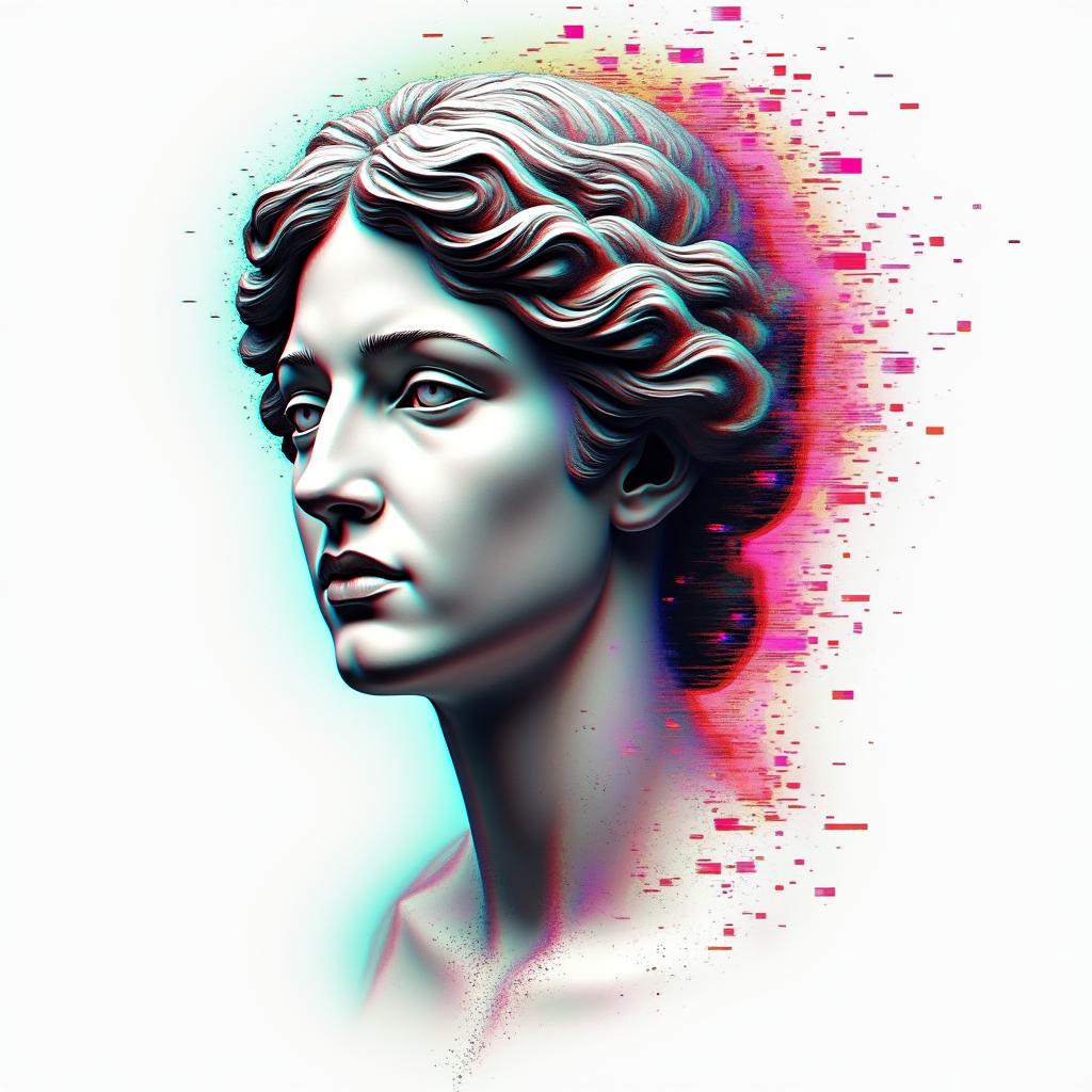 Gypsyin distorted and fragmented tattoo design, featuring a classical statue bust, in a glitch art style with vibrant, overlapping colors of cyan, magenta, and yellow, creating a digital distortion effect - Variation 4