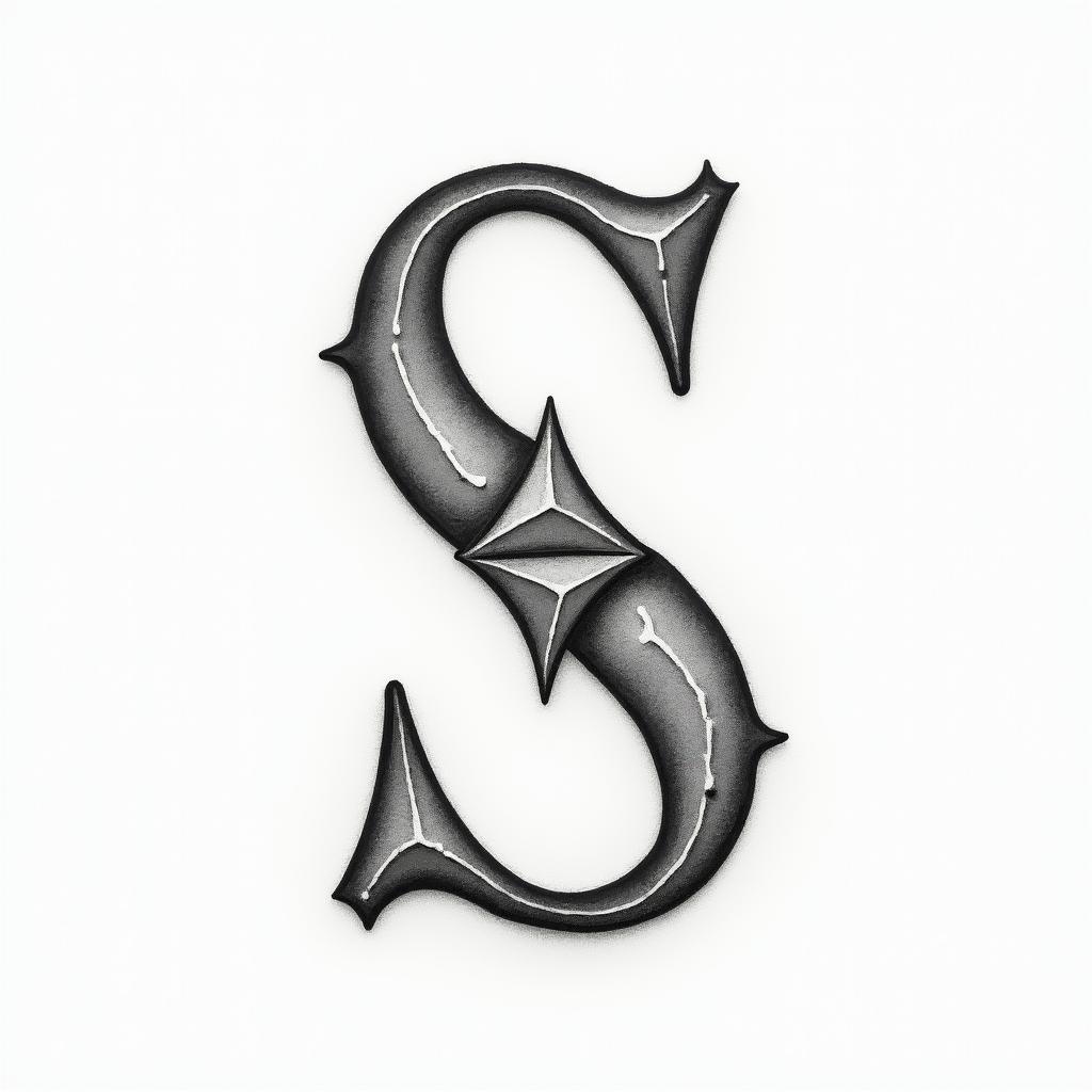 Letter S with a drum kitin minimalist style tattoo, featuring simple shapes and fine lines, with minimal shading and details, tiny triangles, creating a sense of balance and harmony - Variation 3