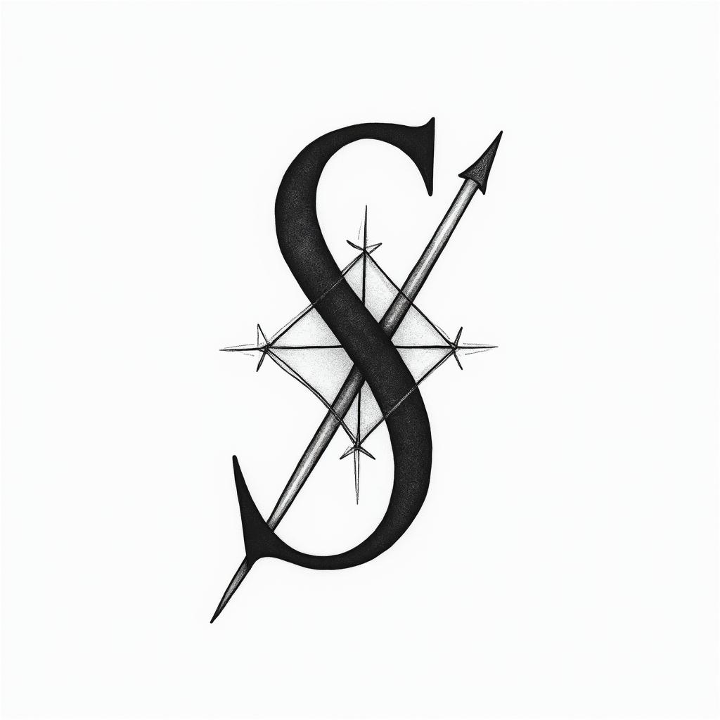 Letter S with a drum kitin minimalist style tattoo, featuring simple shapes and fine lines, with minimal shading and details, tiny triangles, creating a sense of balance and harmony