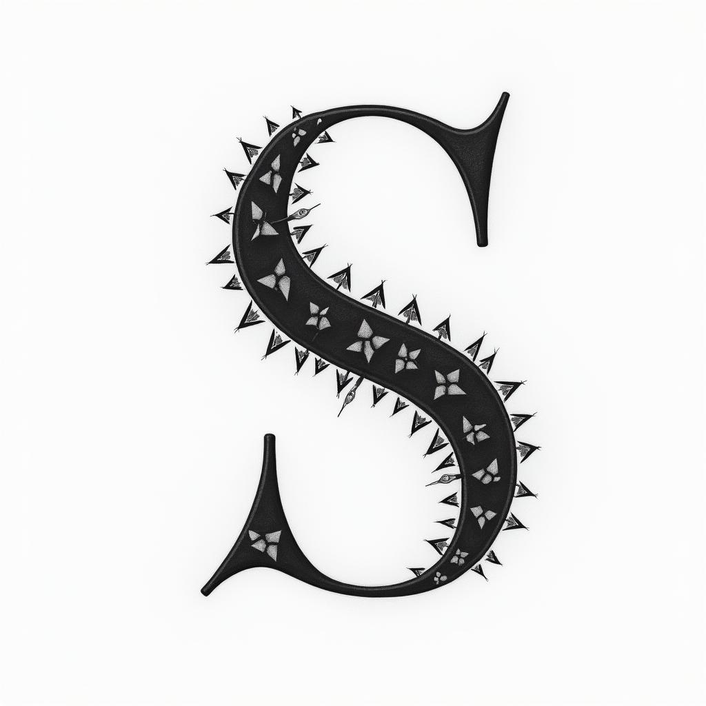 Letter S with a drum kitin minimalist style tattoo, featuring simple shapes and fine lines, with minimal shading and details, tiny triangles, creating a sense of balance and harmony - Variation 2