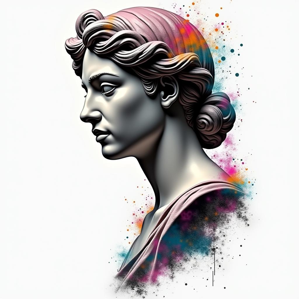 Gypsyin distorted and fragmented tattoo design, featuring a classical statue bust, in a glitch art style with vibrant, overlapping colors of cyan, magenta, and yellow, creating a digital distortion effect - Variation 7