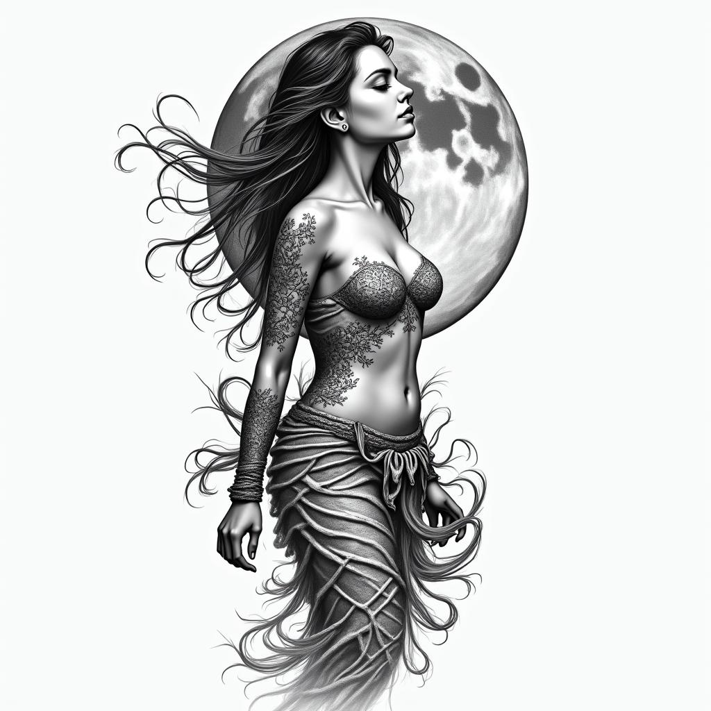 Moon oceanin bohemian style tattoo, 8k - Variation 2