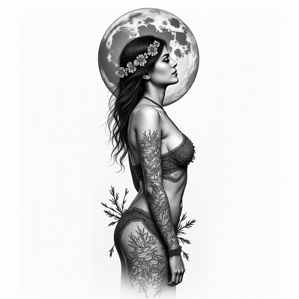 Moon oceanin bohemian style tattoo, 8k