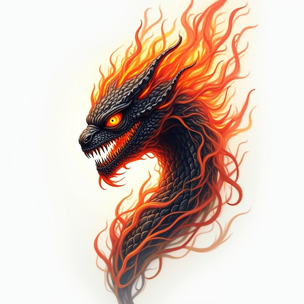 Flame like symbiotein flame tattoo style showcasing fiery elements with dynamic flame patterns, glowing effect of flames, natural colors