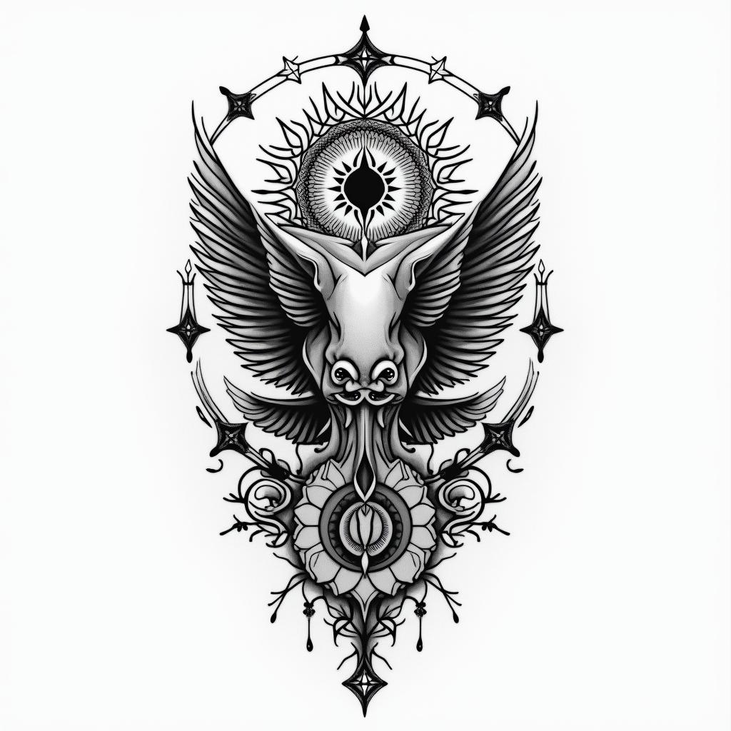 Dark night of the soul, eternal love, infinite, pisces, Acacia Wolffin spiritual symbols tattoo style, featuring an intricate design incorporating elements, Hamsa hand, third eye, minimalist composition - Variation 2