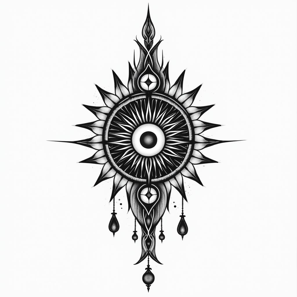 Dark night of the soul, eternal love, infinite, pisces, Acacia Wolffin spiritual symbols tattoo style, featuring an intricate design incorporating elements, Hamsa hand, third eye, minimalist composition - Variation 3