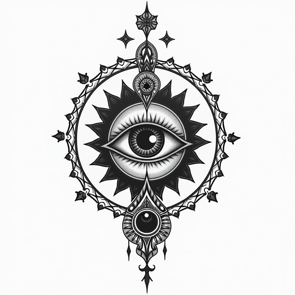 Dark night of the soul, eternal love, infinite, pisces, Acacia Wolffin spiritual symbols tattoo style, featuring an intricate design incorporating elements, Hamsa hand, third eye, minimalist composition - Variation 4