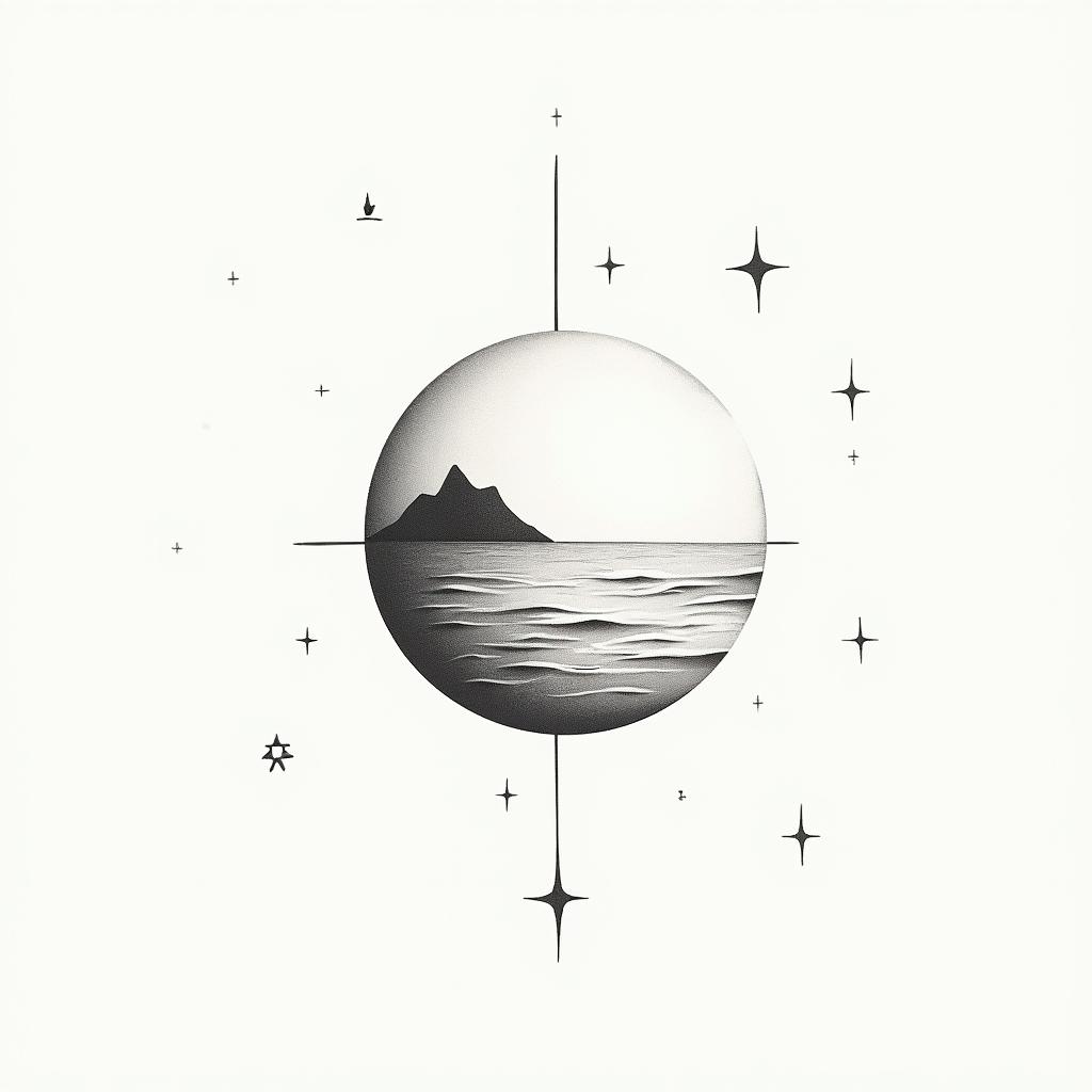 Moon and seain minimalist style tattoo, featuring simple shapes and fine lines, with minimal shading and details, tiny triangles, creating a sense of balance and harmony - Variation 2