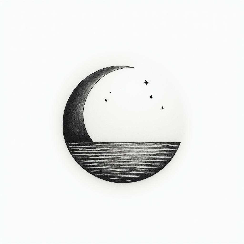 Moon and seain minimalist style tattoo, featuring simple shapes and fine lines, with minimal shading and details, tiny triangles, creating a sense of balance and harmony
