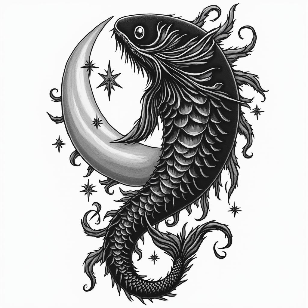Dark night of the soul, eternal love, infinite, pisces, Acacia Wolffin authentic tattoo style, incorporating traditional modifications, bold black outlines, solid color fills, featuring classic authentic elements - Variation 3