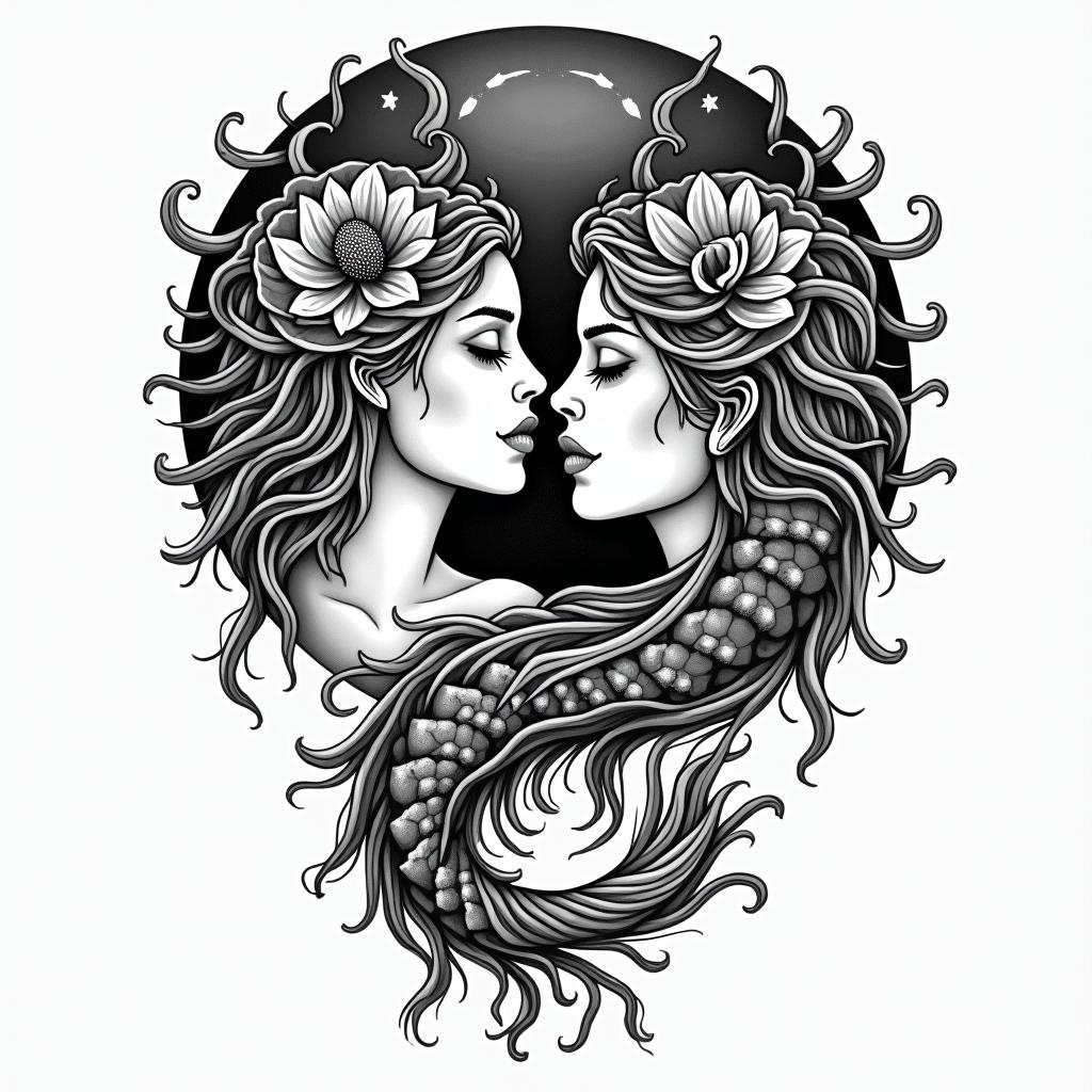 Dark night of the soul, eternal love, infinite, pisces, Acacia Wolffin authentic tattoo style, incorporating traditional modifications, bold black outlines, solid color fills, featuring classic authentic elements - Variation 2