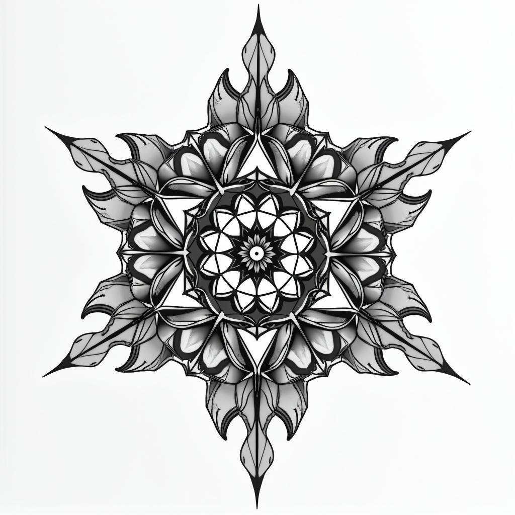 Kish, Zodiac Leo, artist in geometric style tattoo, blending hexagons, mandala-inspired patterns, symmetrical and fractal design, clean lines, sharp angles - Variation 2